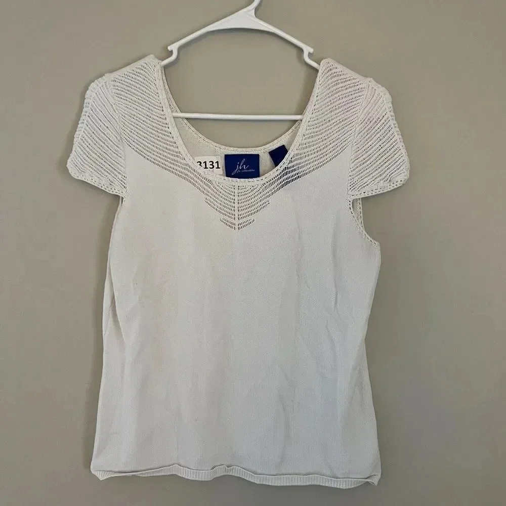JH Collectibles Women White Blouse Large Crochet Knit Minimalist Capsule Classic - Picture 4 of 9